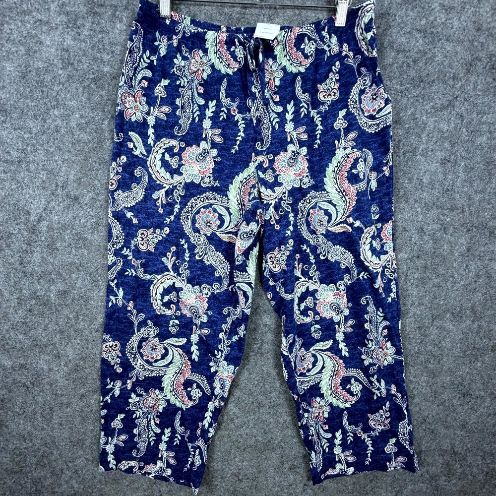 Womens Cropped Pajama Pants Medium Navy Blue Paisley Boho Drawstring Loungewear